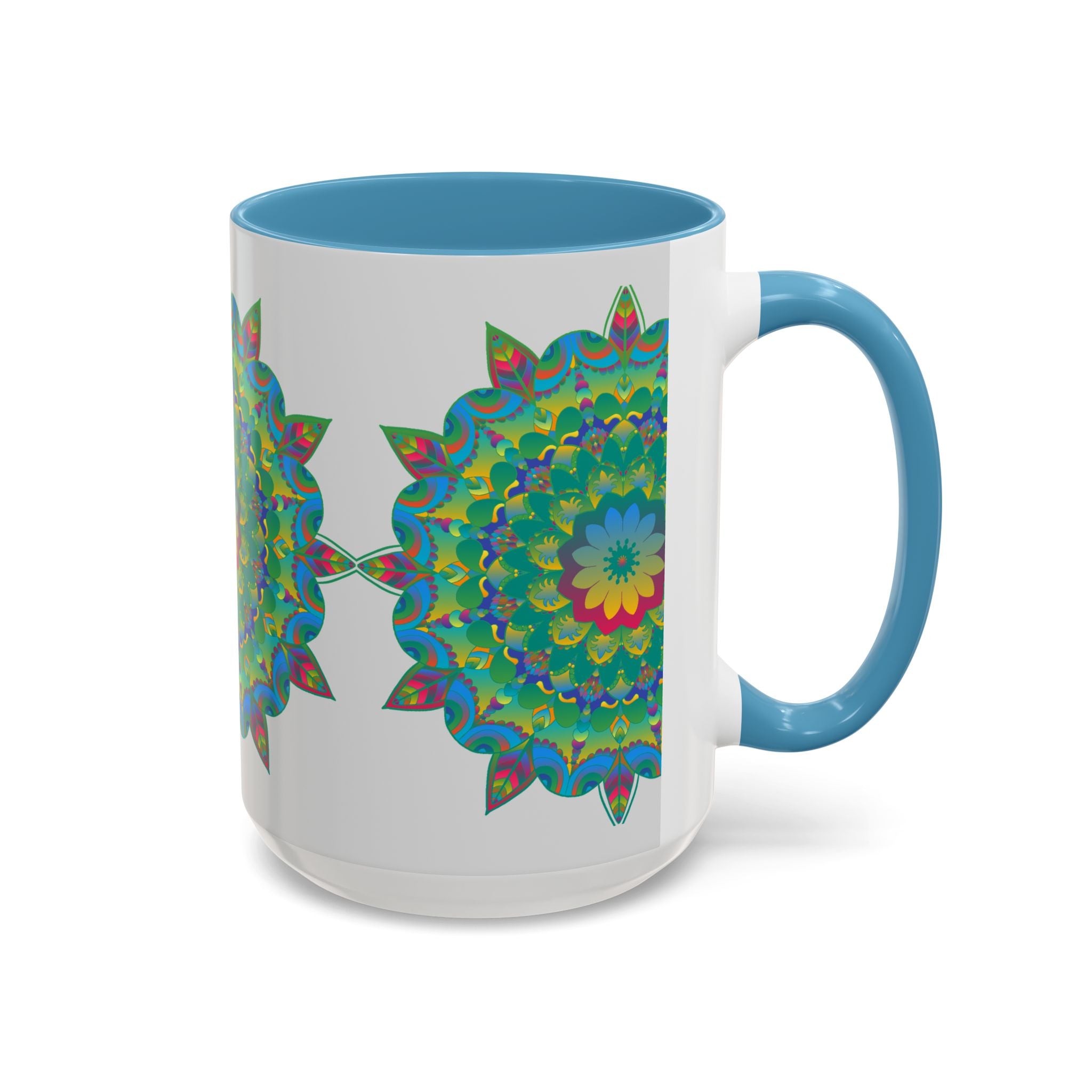 Vibrant and intricate mandala art mug featuring a colorful floral design