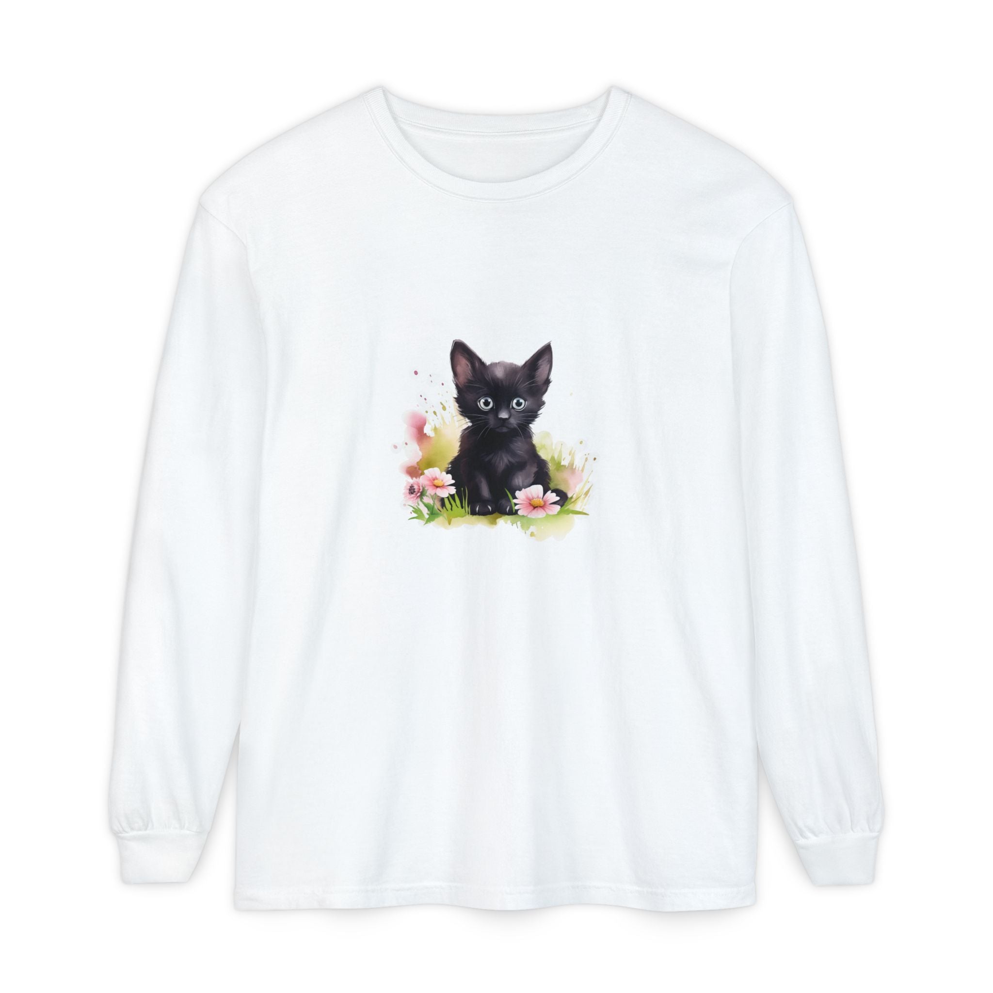 Black Kitten & Pink Flowers Long Sleeve T-Shirt