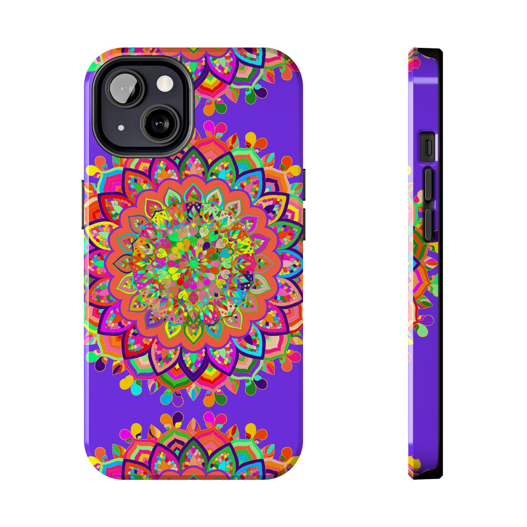 Hand drawn purple Mandala Art phone case with intricate design and vibrant colors