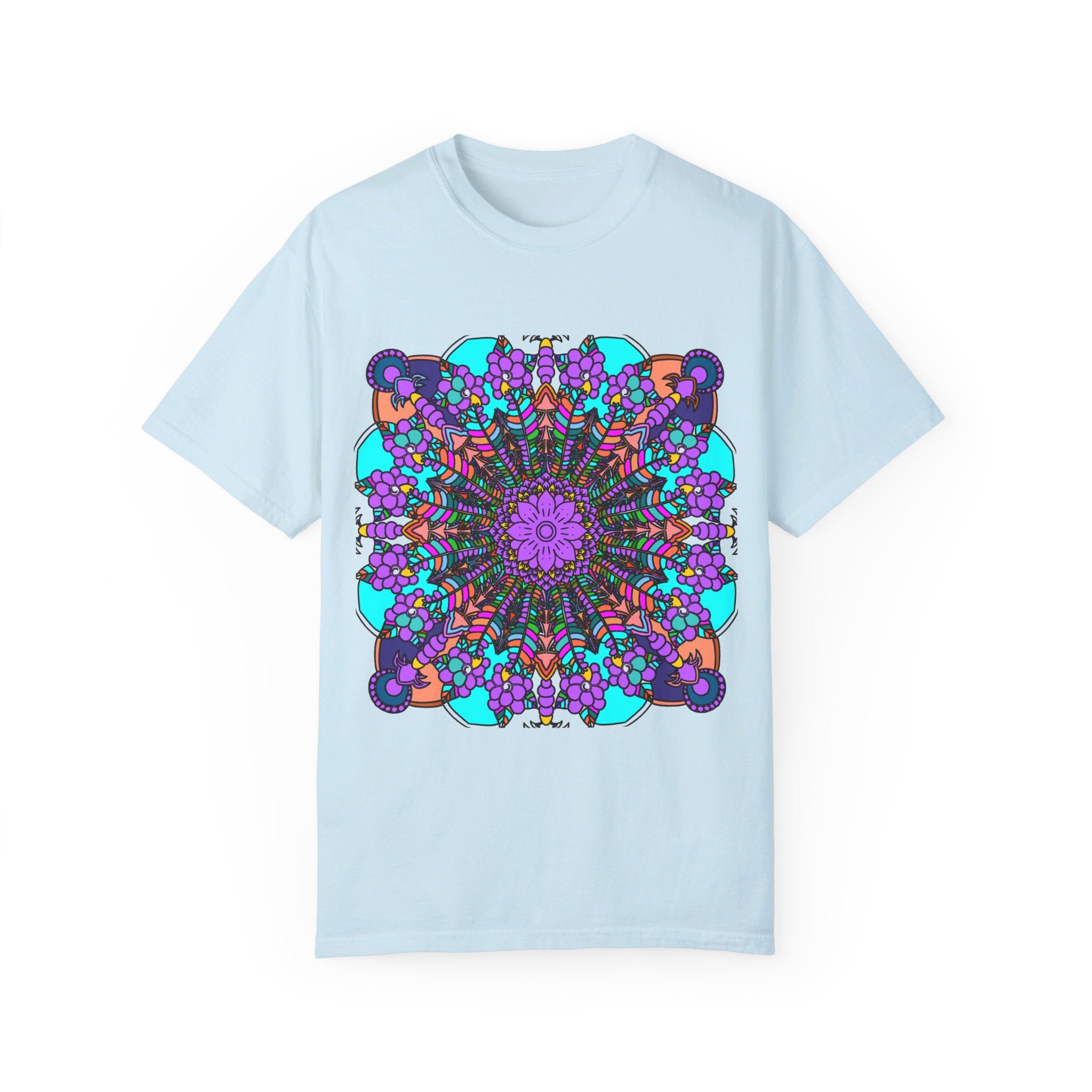 Unisex Mandala T-Shirt made from 100% Ring-Spun Cotton, featuring Hand-Drawn Mandala Art and Garment-Dye for Extra Comfort