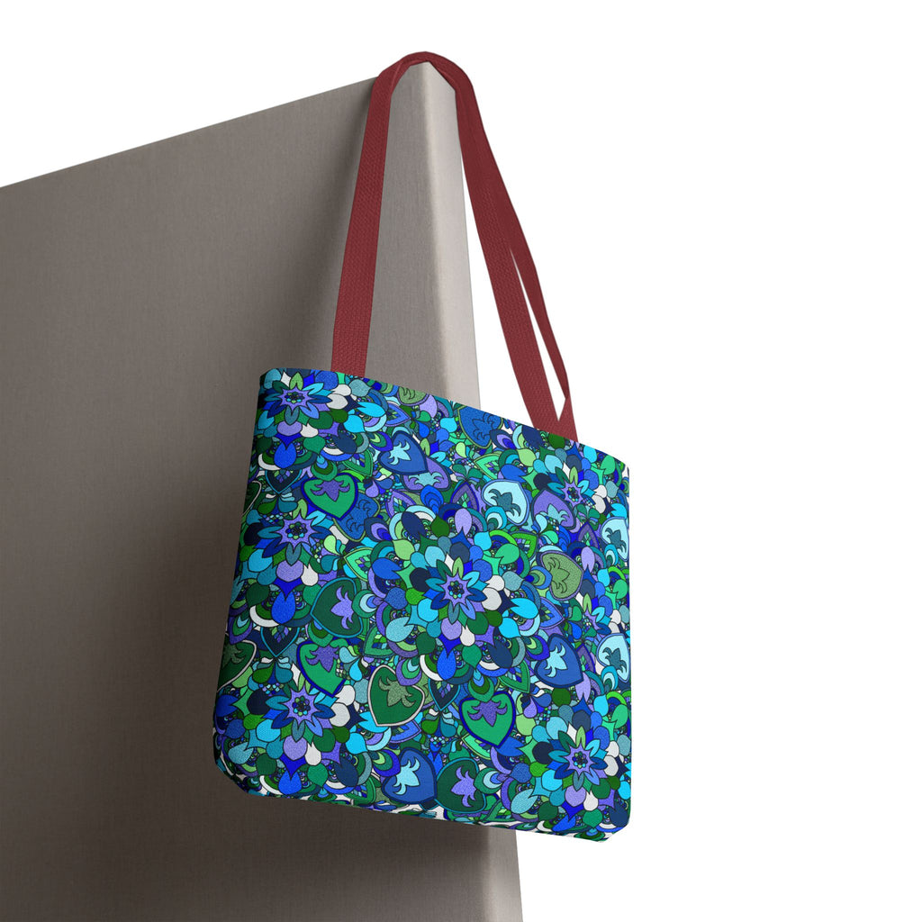 Borsa tote con stampa mandala floreale blu-verde — Shopper con stampa integrale vivace