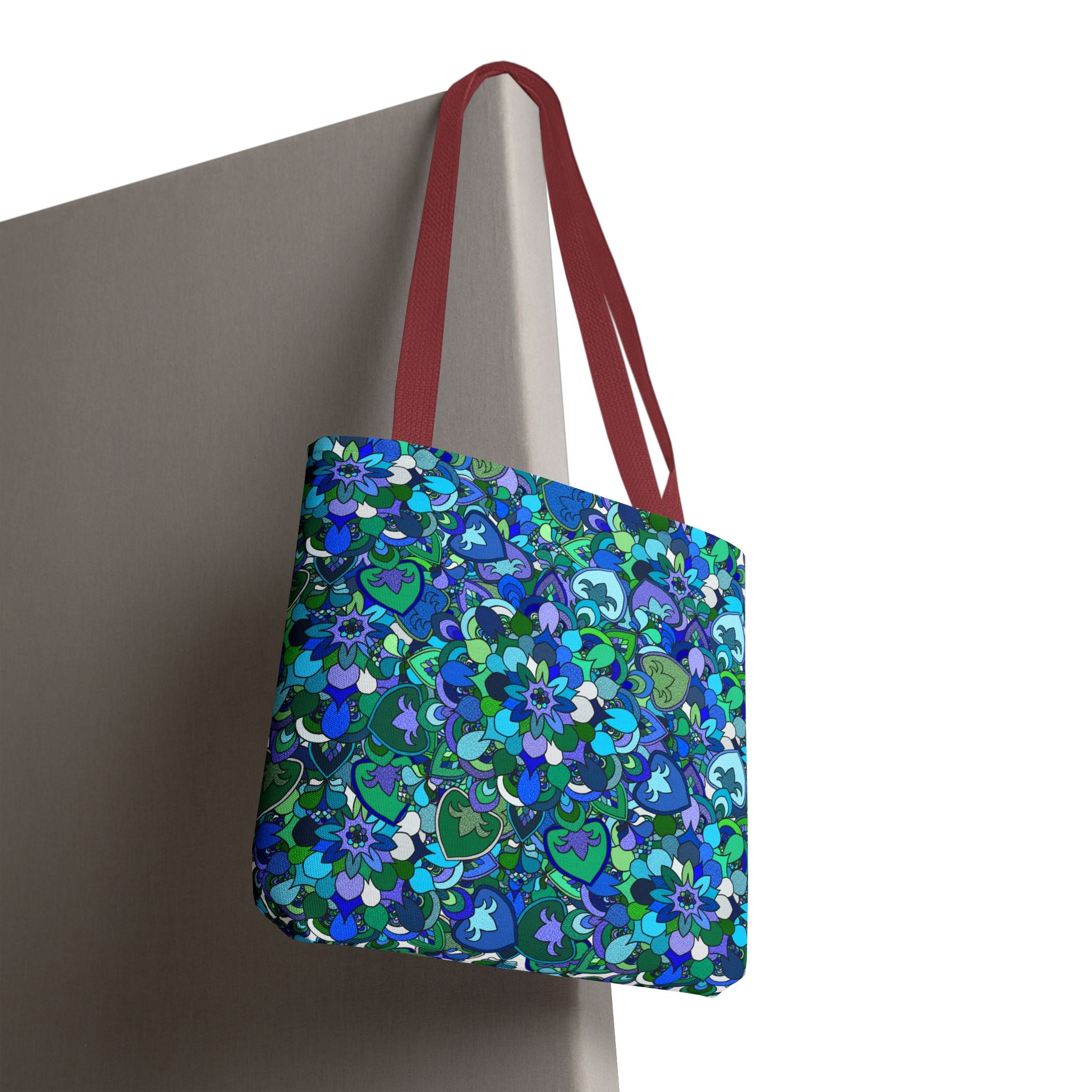 Borsa tote con stampa mandala floreale blu-verde — Shopper con stampa integrale vivace