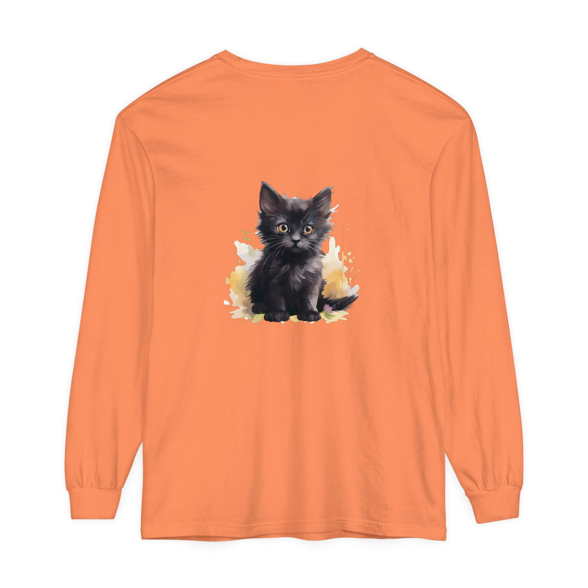 Black Kitten Watercolor Splash T-Shirt with cute cat design on front