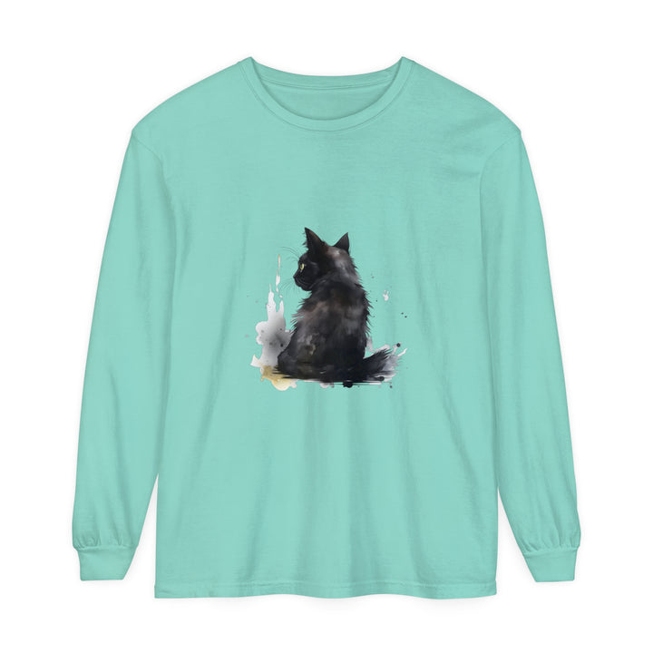 Black Cat Watercolor Dream Long Sleeve T-Shirt featuring a stunning watercolor design of a black cat on a high-quality, comfortable long sleeve shirt