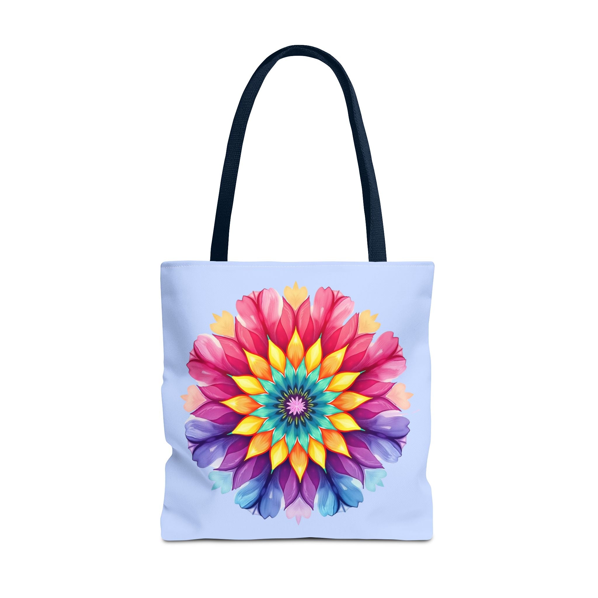 Colorful rainbow mandala tote bag with intricate patterns and designs