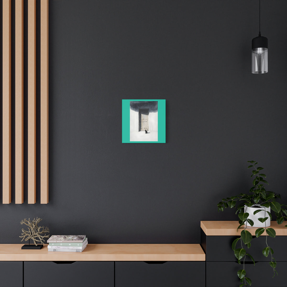 Cat at the Door Matte Canvas Wall Art — Moody Minimalist Cat Illustration