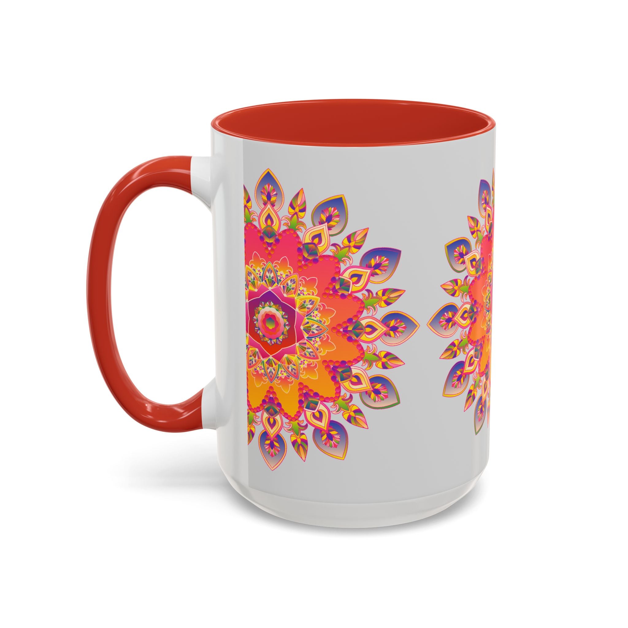 Handmade ceramic mug with mandala art in vibrant colors on grey background