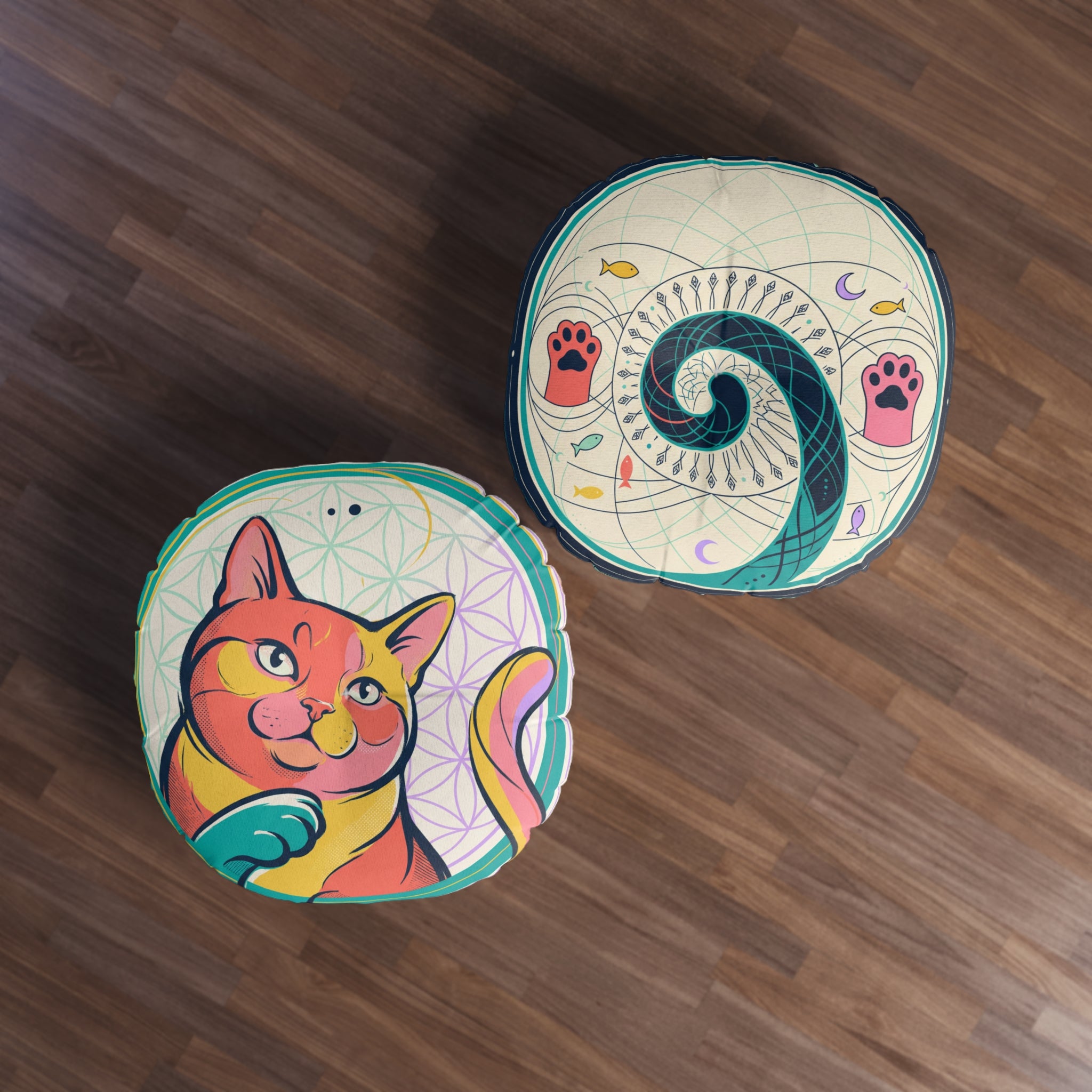 Rundes Bodenkissen mit Katzenmotiv und heiliger Geometrie