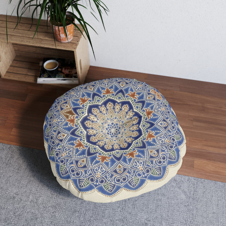 Round Floor Pillow – Blue Mandala Batik Meditation Cushion by Blululi