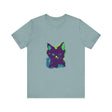 A close-up image of a black t-shirt featuring a neon-colored mystery cat design