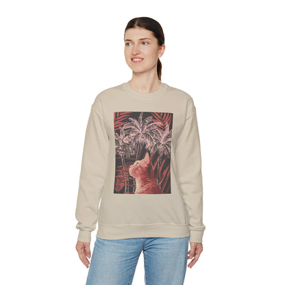 Cozy unisex heavy blend crewneck sweatshirt featuring a cat under palm trees design