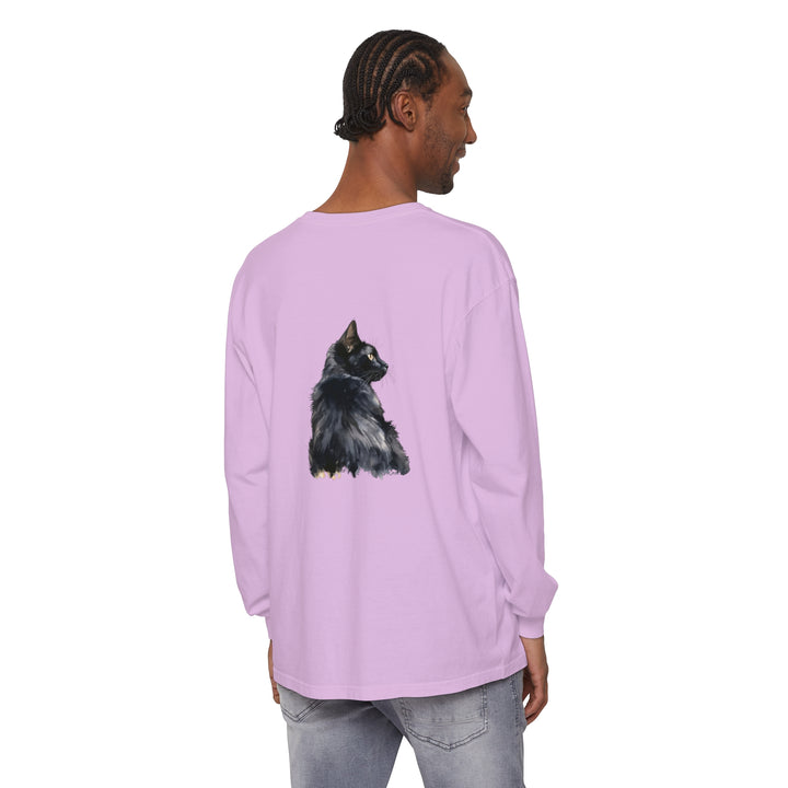 Black Cat Watercolor Long Sleeve T-Shirt with vibrant watercolor cat design