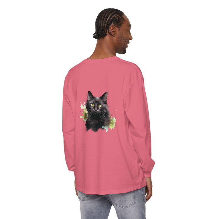 Black Cat Watercolor Splash Long Sleeve T-Shirt with vibrant, artistic design