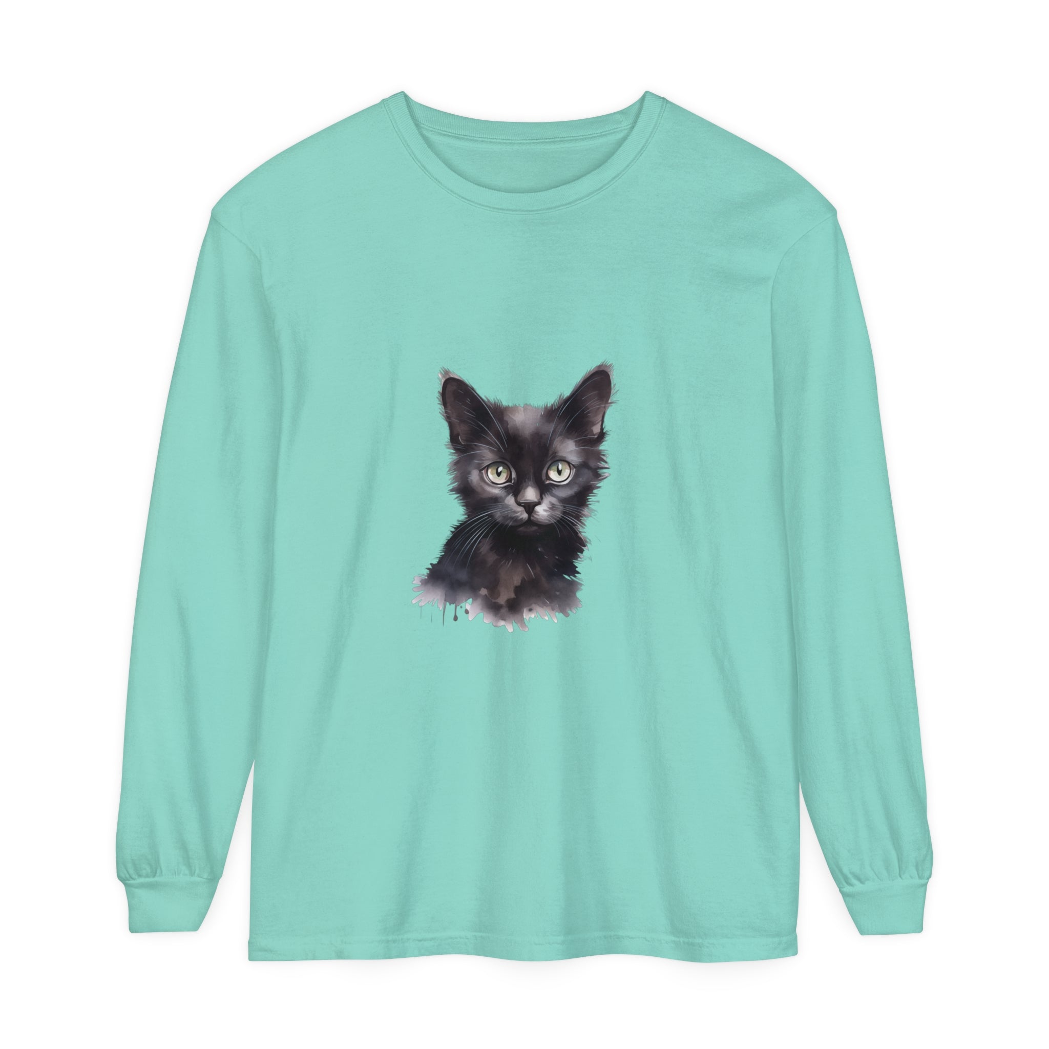 Long sleeve black cat watercolor t-shirt with vibrant and detailed design