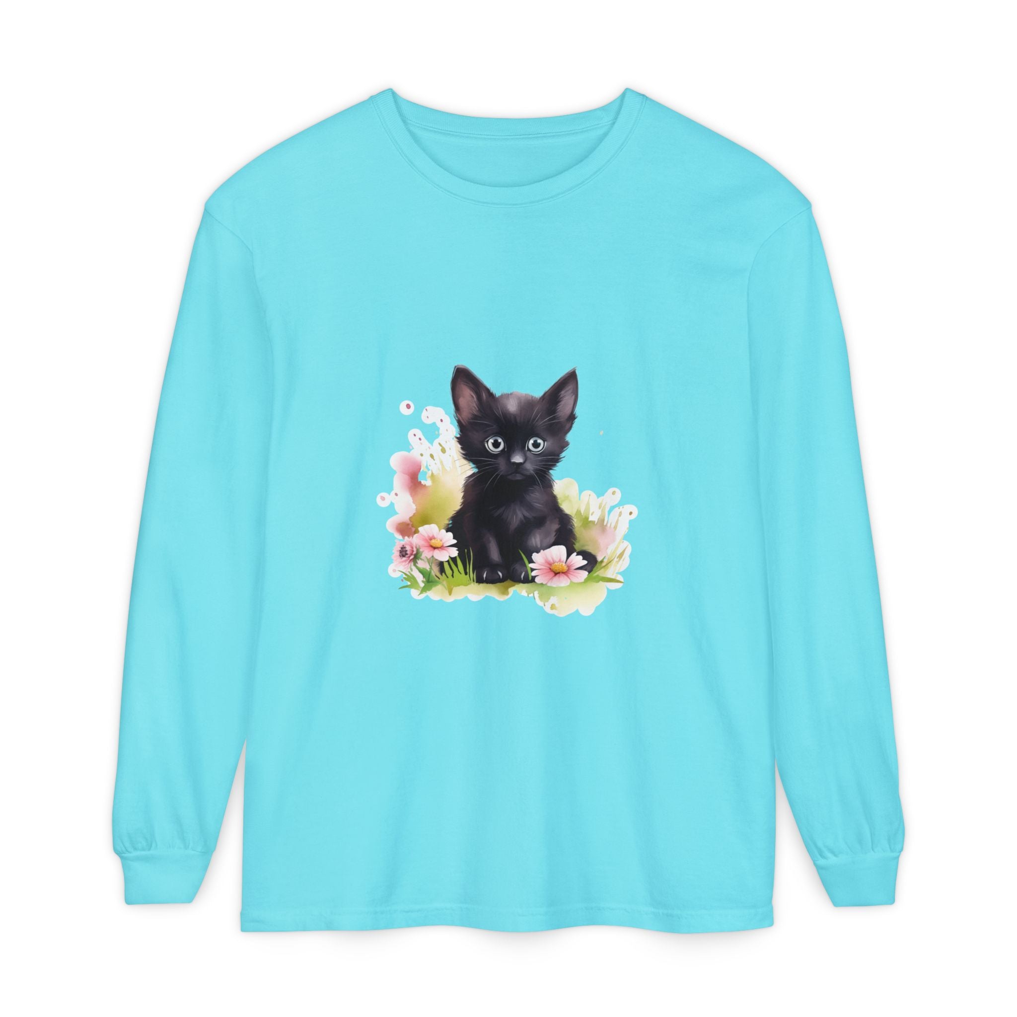 Langarmshirt | Schwarzes Kätzchen & rosa Blumen