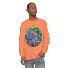 Colorful and intricate mandala design long sleeve t-shirt, suitable for both men and women, vibrant and eye-catching
