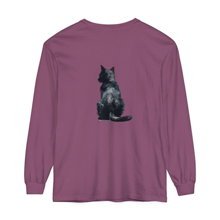 Comfortable and stylish long sleeve t-shirt featuring a black cat watercolor print