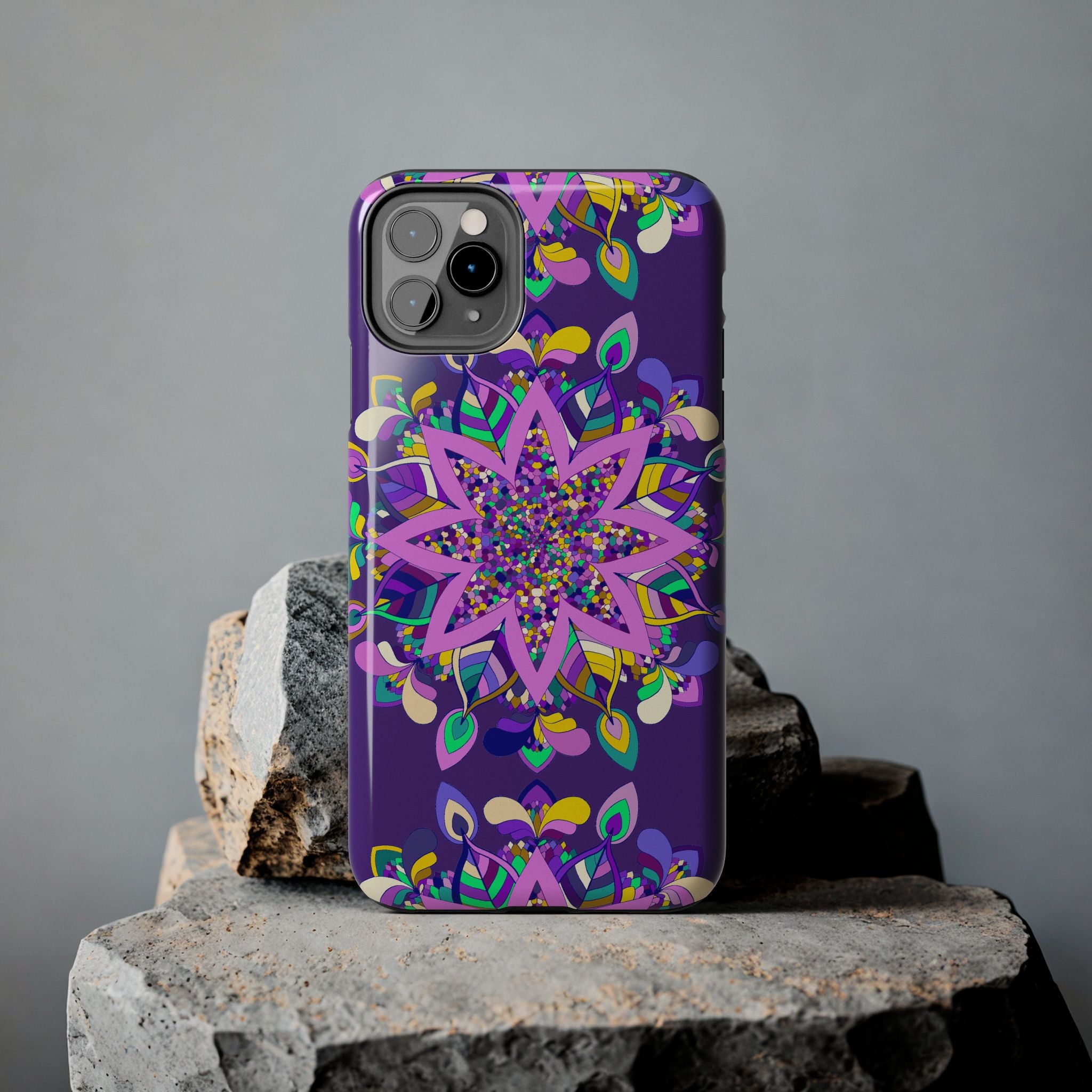 Hand drawn purple Mandala Art iPhone X/XS phone case featuring intricate floral and geometric patterns