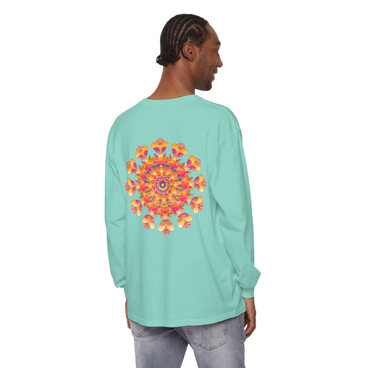 Colorful and intricate mandala design featured on unisex long sleeve t-shirt