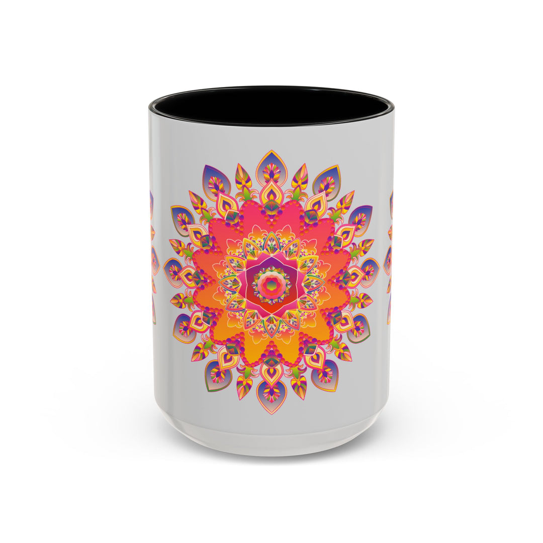 Handcrafted ceramic mug with vibrant mandala art design, set against a sleek grey background