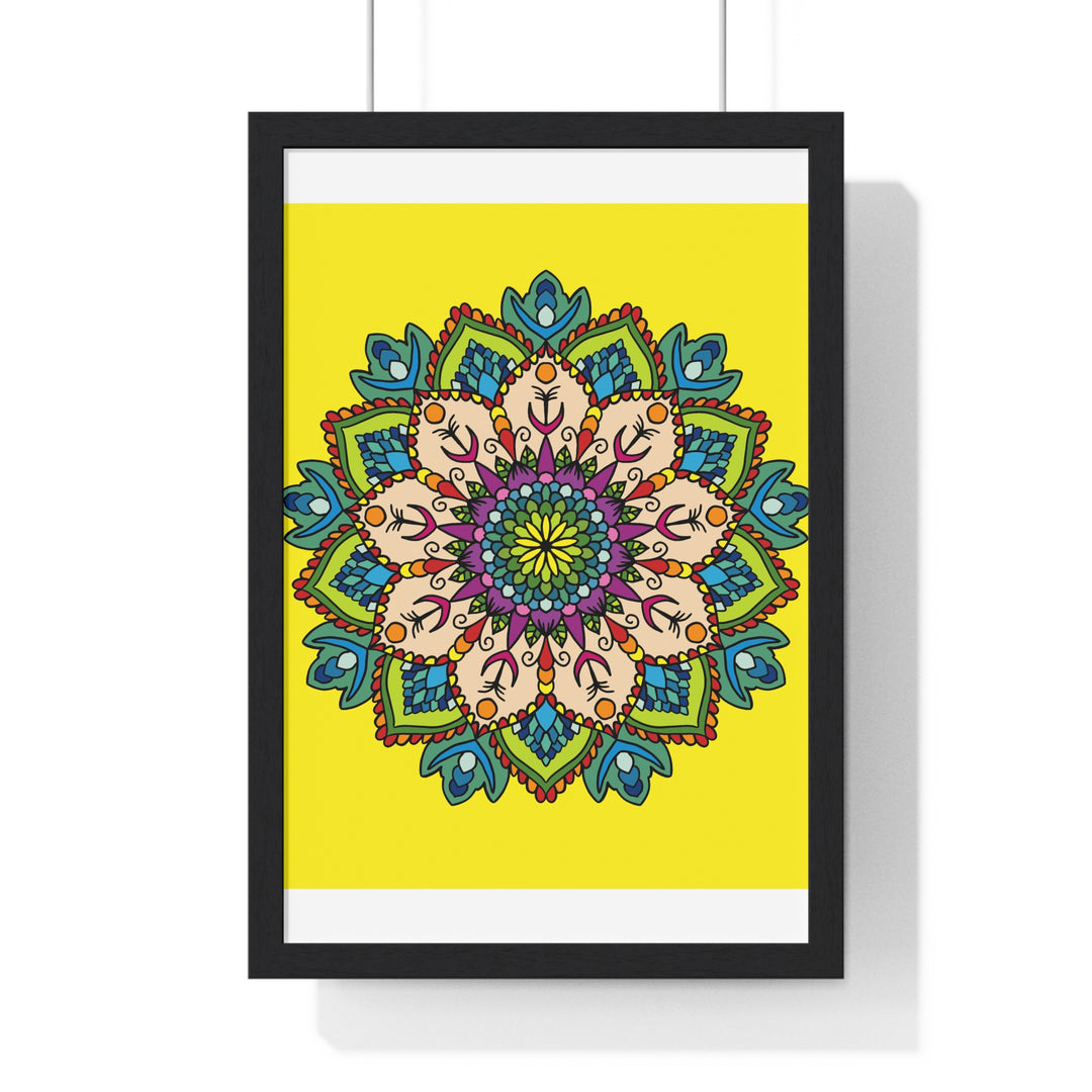 Vertical framed poster featuring a hand-drawn yellow mandala, perfect for mindfulness and yoga practice