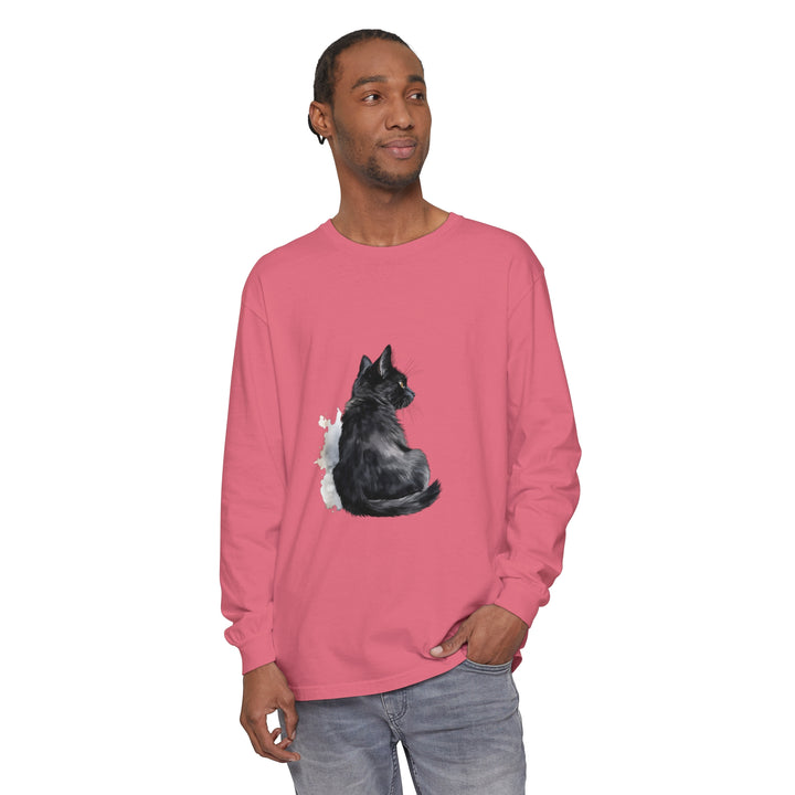 Black Cat Watercolor Unisex Long Sleeve T-Shirt - Comfortable and stylish apparel for all genders featuring a unique watercolor design of a black cat