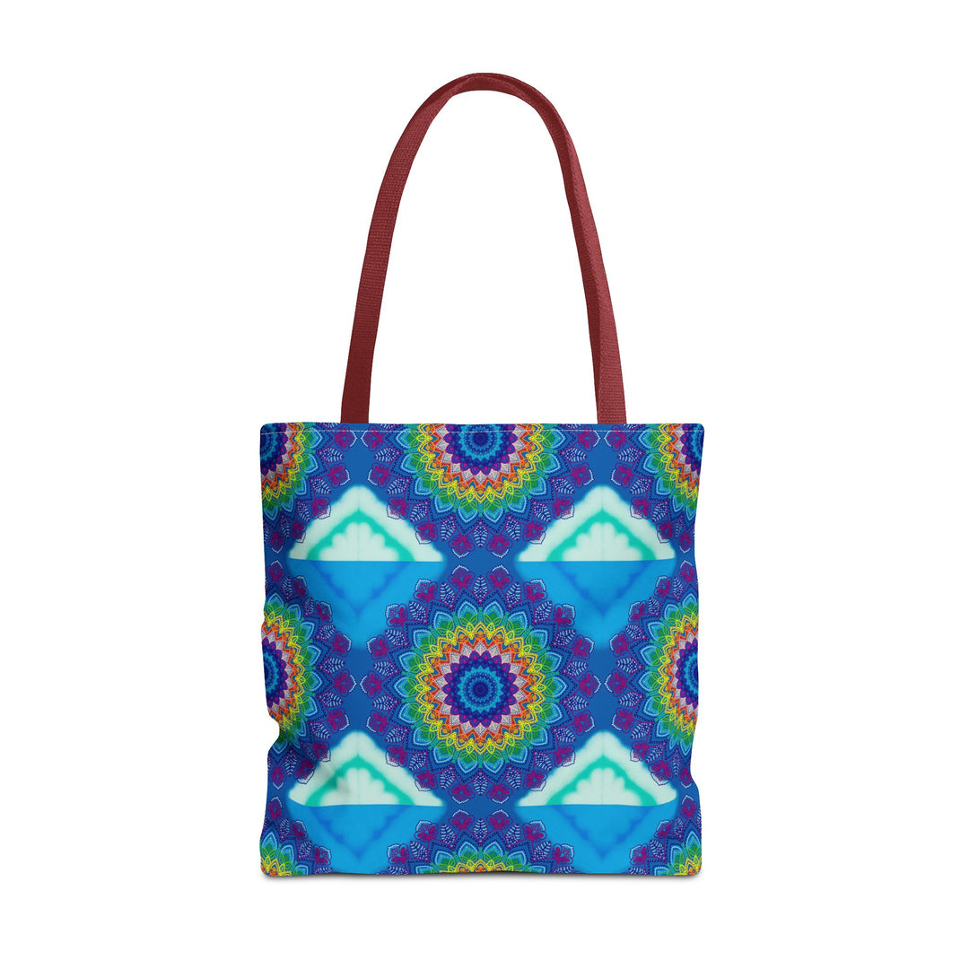 Vibrant and intricate mandala design tote bag in multiple colors