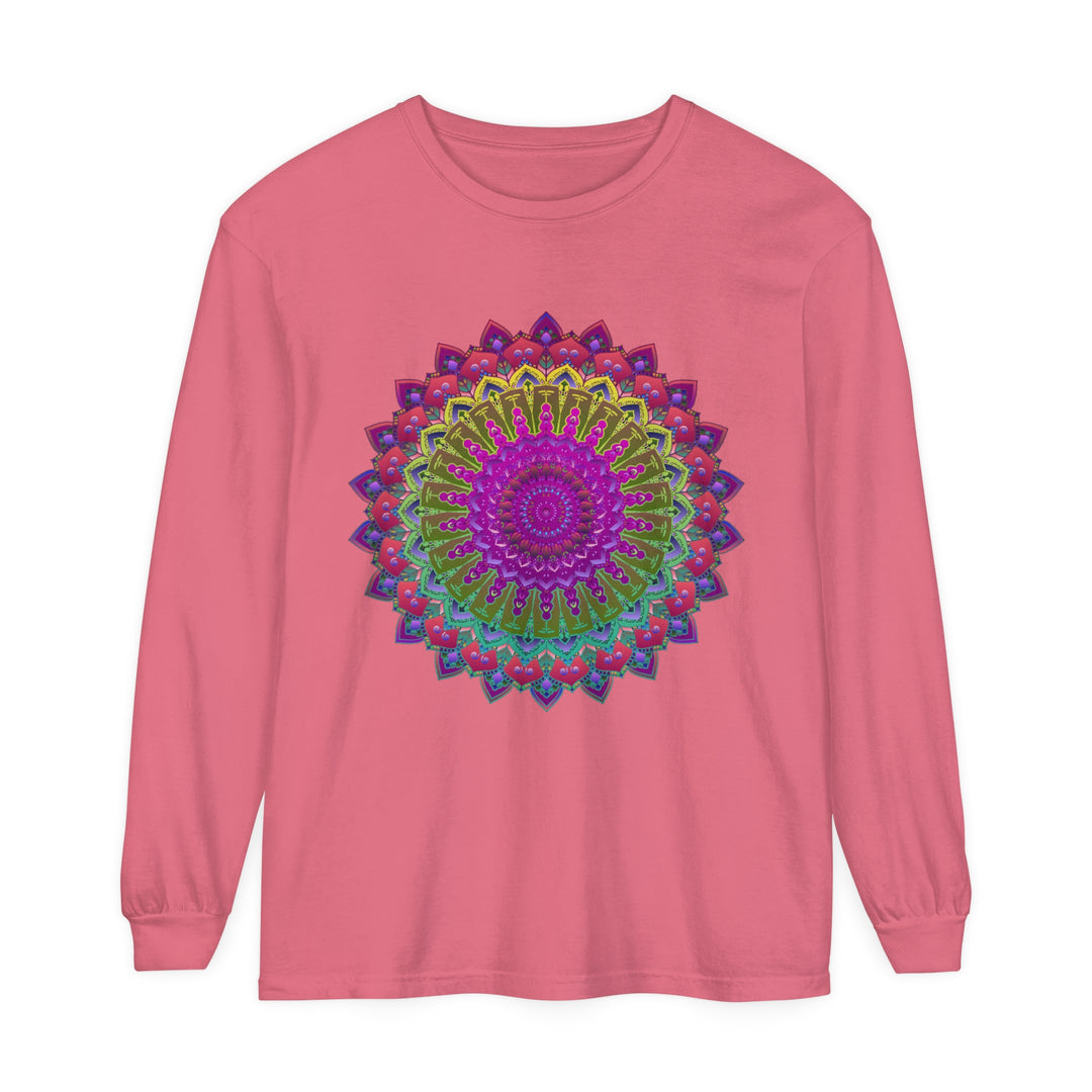 Close-up of Vibrant Mandala Unisex Long Sleeve T-Shirt Fabric Texture