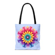 Colorful rainbow mandala tote bag with intricate geometric design and vibrant hues