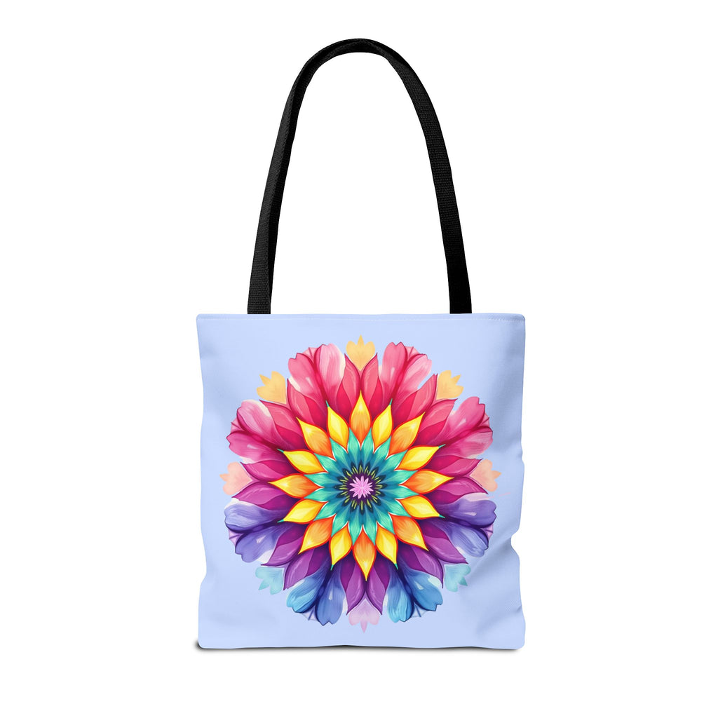 Colorful rainbow mandala tote bag with intricate geometric design and vibrant hues