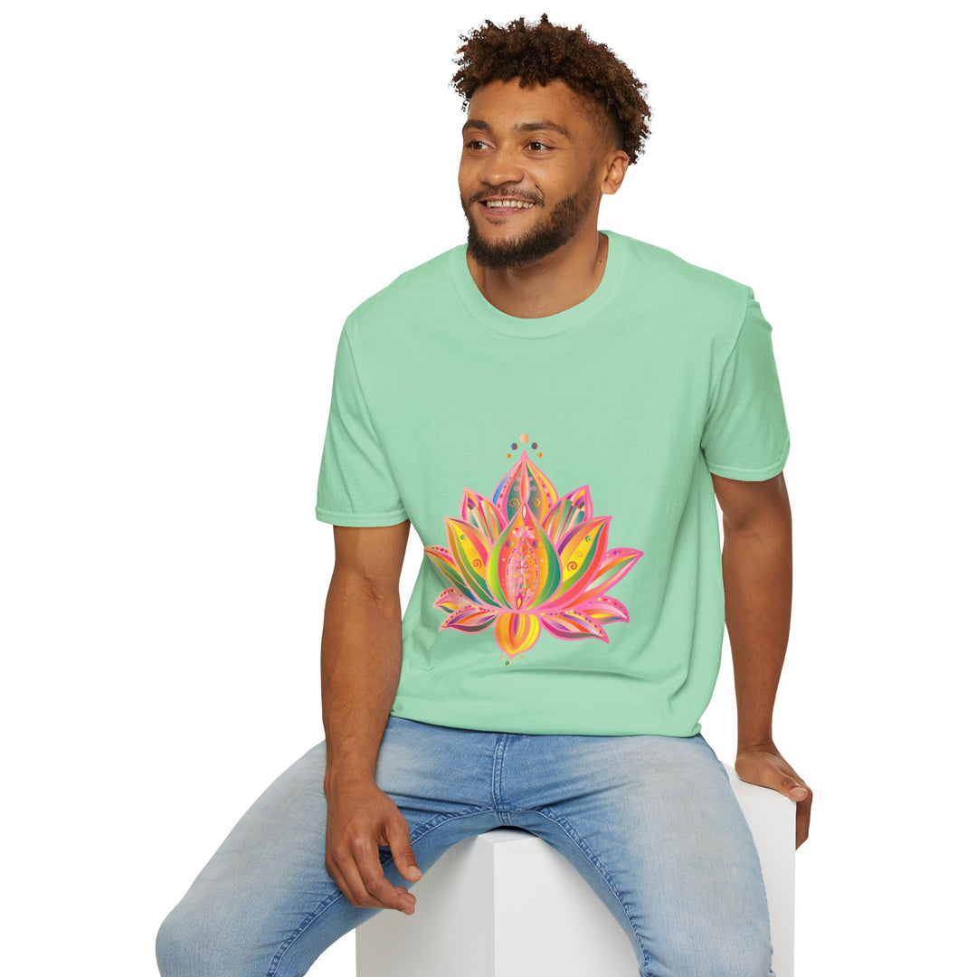 Lotus Mandala Unisex T-Shirt with a Hand-Drawn Unique Design by Blululi, featuring intricate lotus flower and mandala patterns in vibrant colors