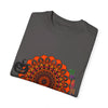 A vibrant orange unisex Halloween Mandala T-shirt featuring a handmade pumpkin mandala art design on a garment-dyed tee