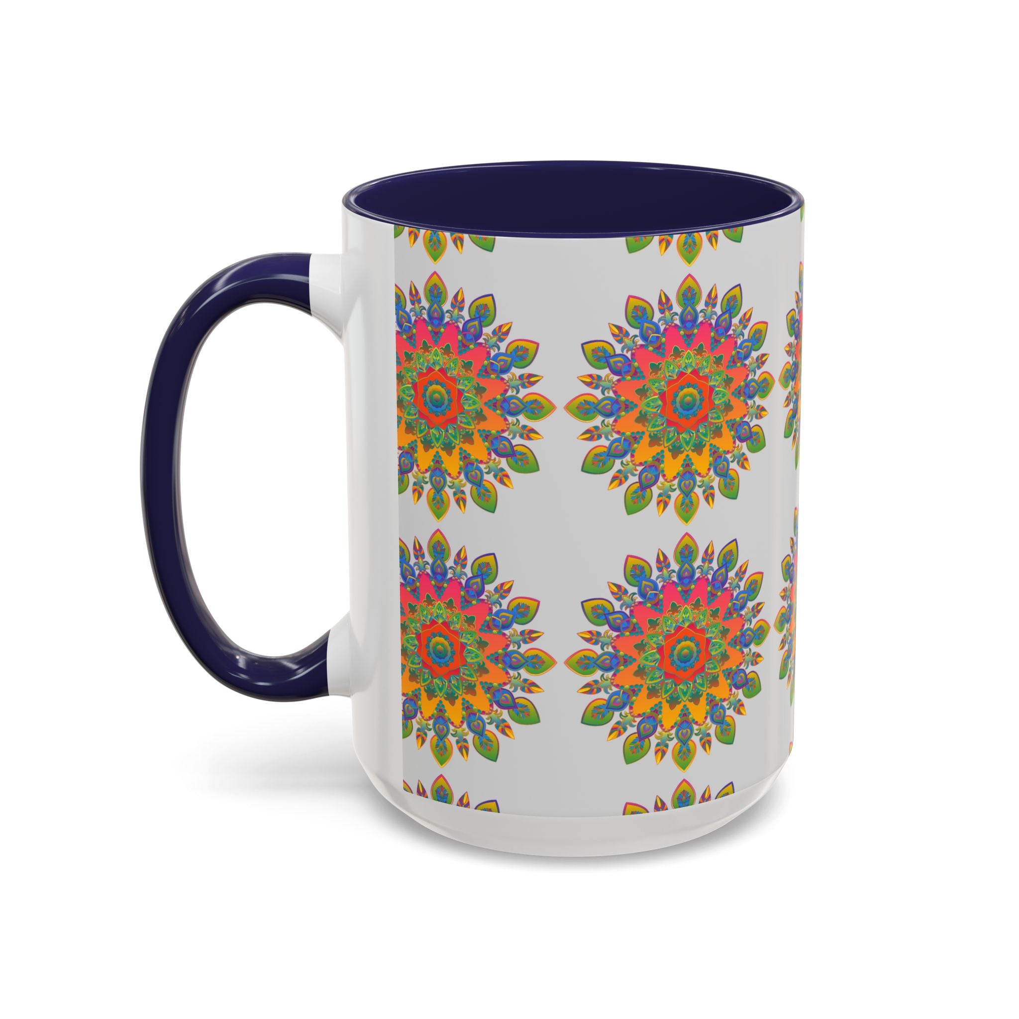 Colorful mandala design featuring intricate patterns and vibrant colors on grey mug