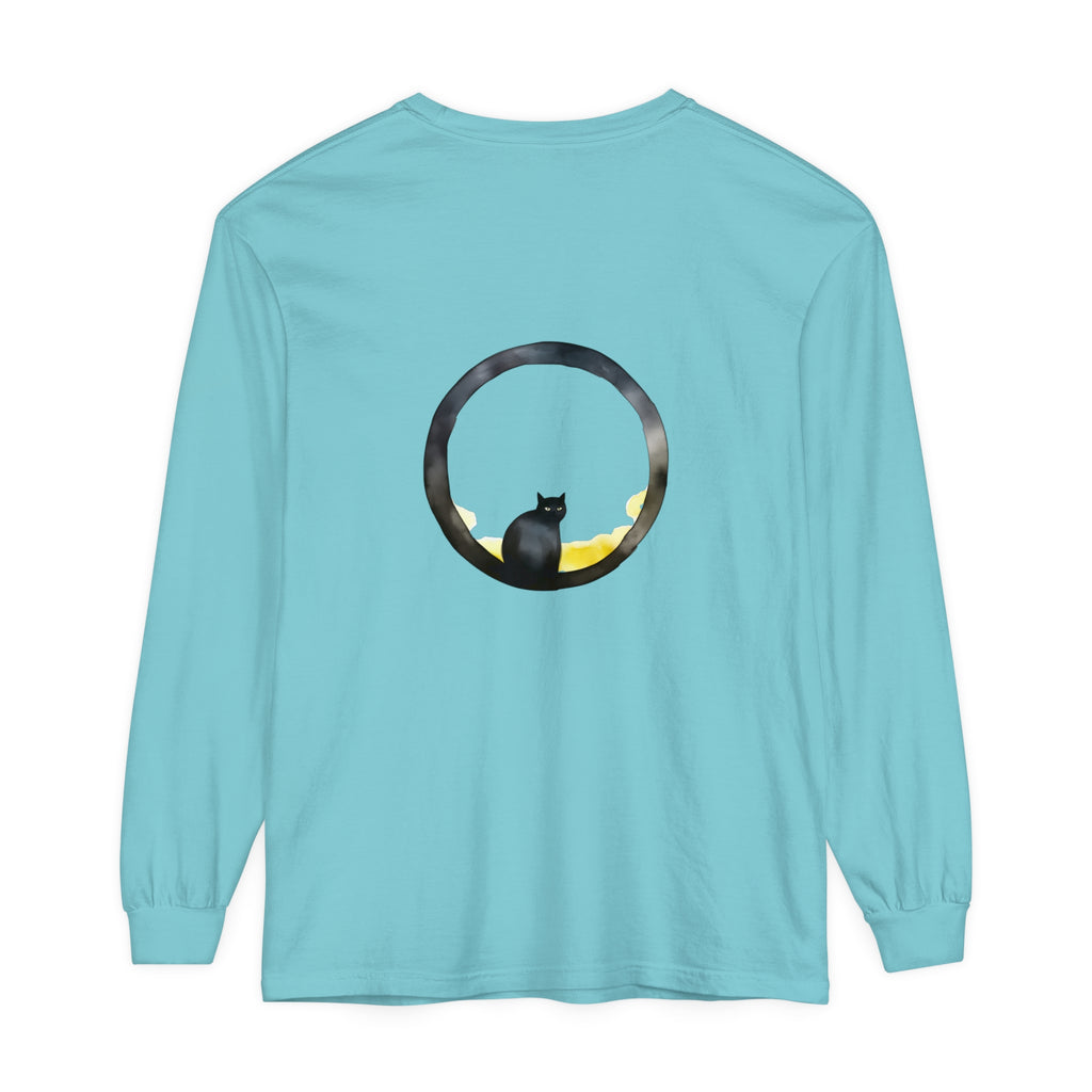 Black Cat Moon Glow Long Sleeve T-Shirt with a beautiful moon and cat design on a black background, perfect for a spooky and stylish look