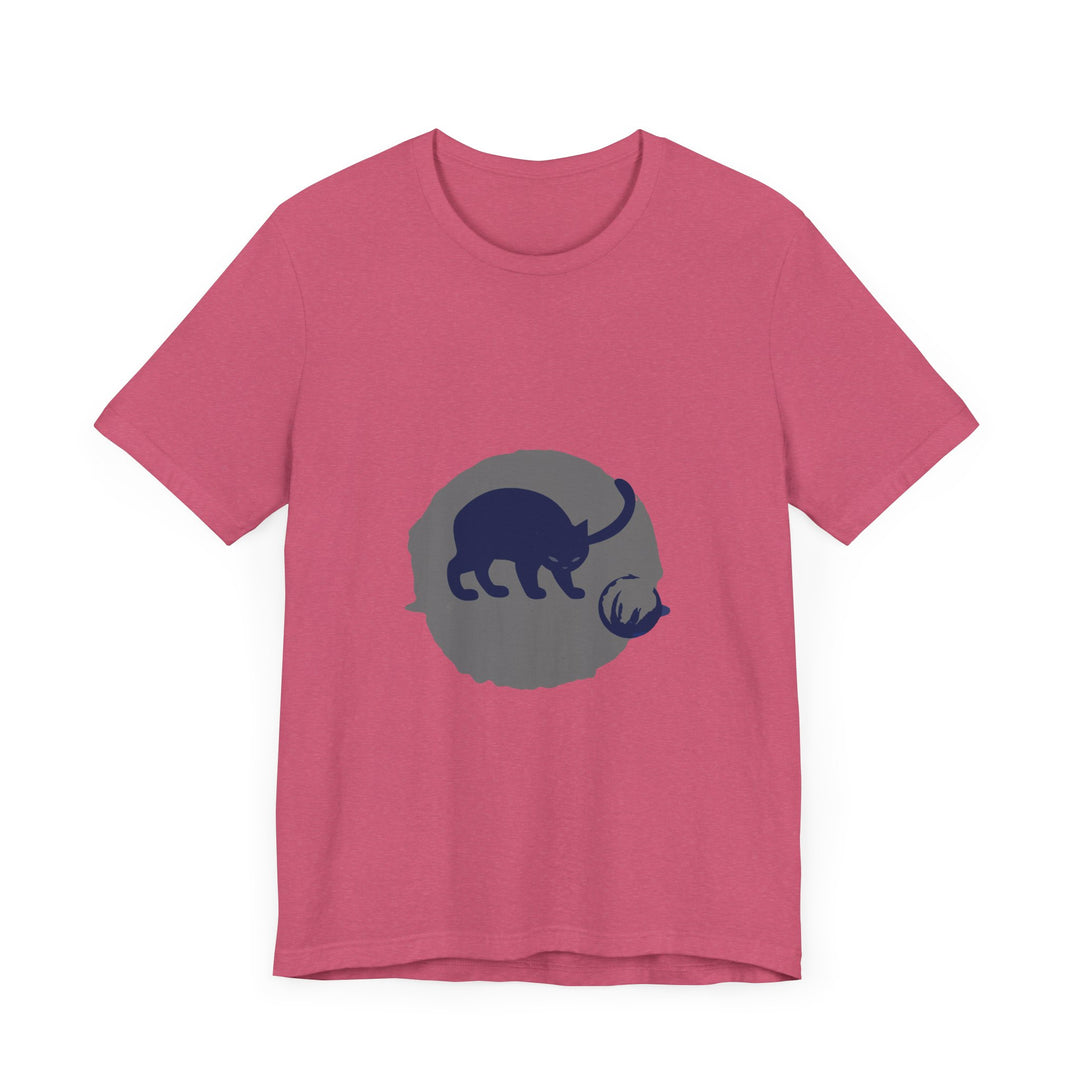 A black cat with glowing eyes and a mysterious aura, depicted on a playful silhouette t-shirt