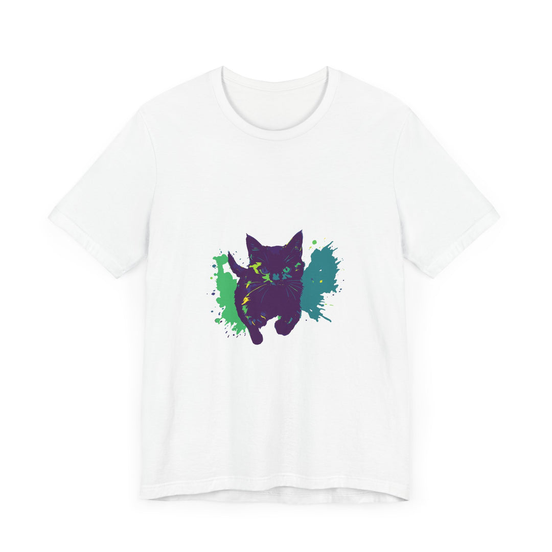 A vibrant black cat mystery t-shirt with colorful splash design