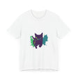 A vibrant black cat mystery t-shirt with colorful splash design