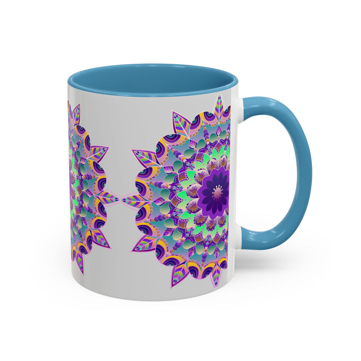 Vibrant mandala art mug in light grey, featuring intricate geometric patterns and vibrant colors, perfect for enjoying your favorite hot beverages in style