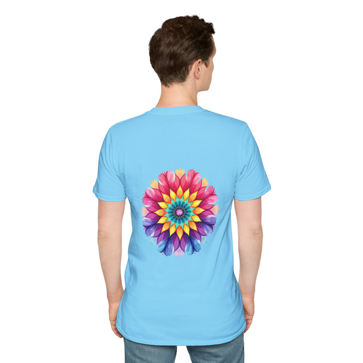 Beautiful black t-shirt with a vibrant floral mandala design and inspiring quote