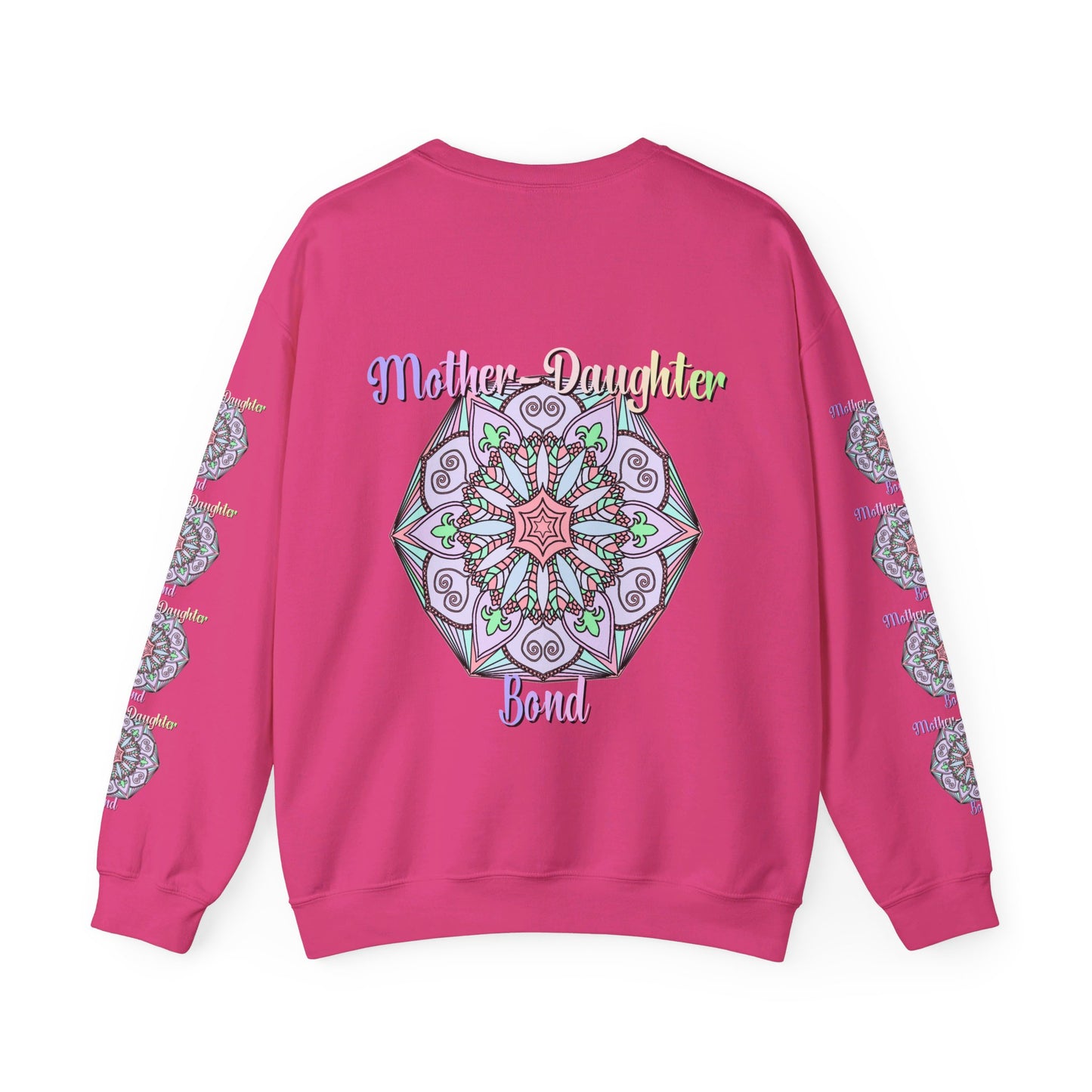 Handmade Mother-Daughter Mandala Sweatshirt being worn by a woman and her daughter