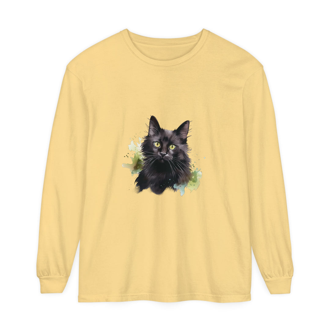 Black Cat Watercolor Splash Long Sleeve T-Shirt with vibrant feline design