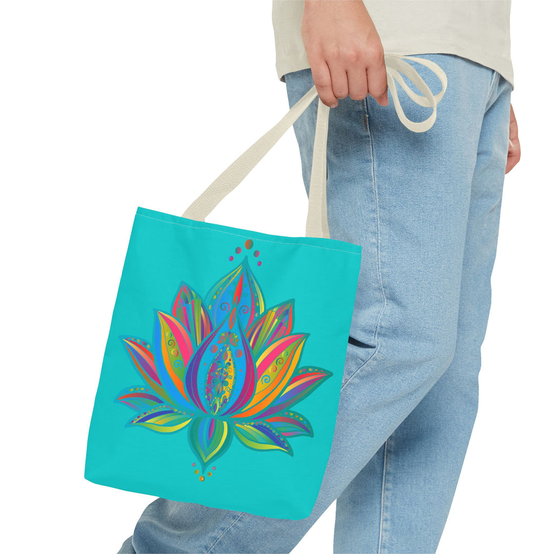 Large azure tote bag featuring intricate mandala lotus design, perfect for carrying all your essentials in style