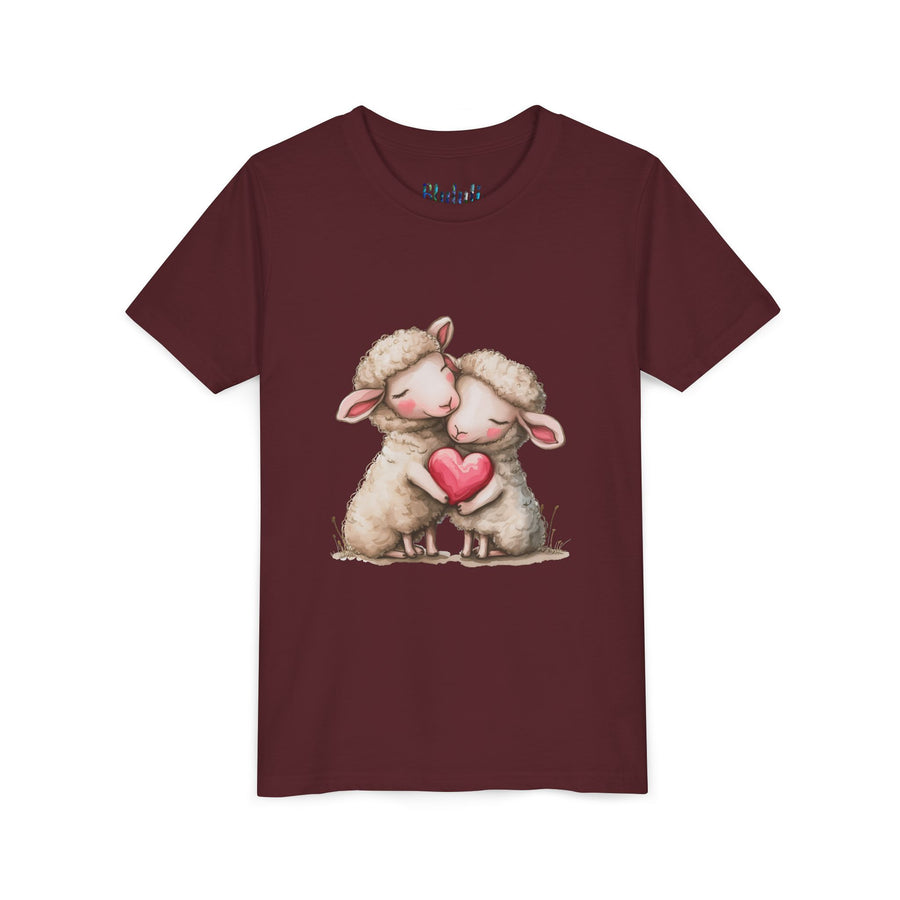 Youth Tee - Cartoon Sheeps Hugging Heart, Cute and Lovely Design