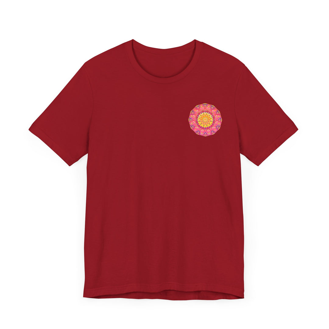 Beautiful pink and yellow mandala design t-shirt promoting peace and harmony