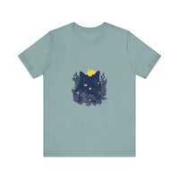 Black Cat Mystery T-Shirt featuring a whimsical floral design in black and white