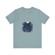 Black Cat Mystery T-Shirt featuring a whimsical floral design in black and white