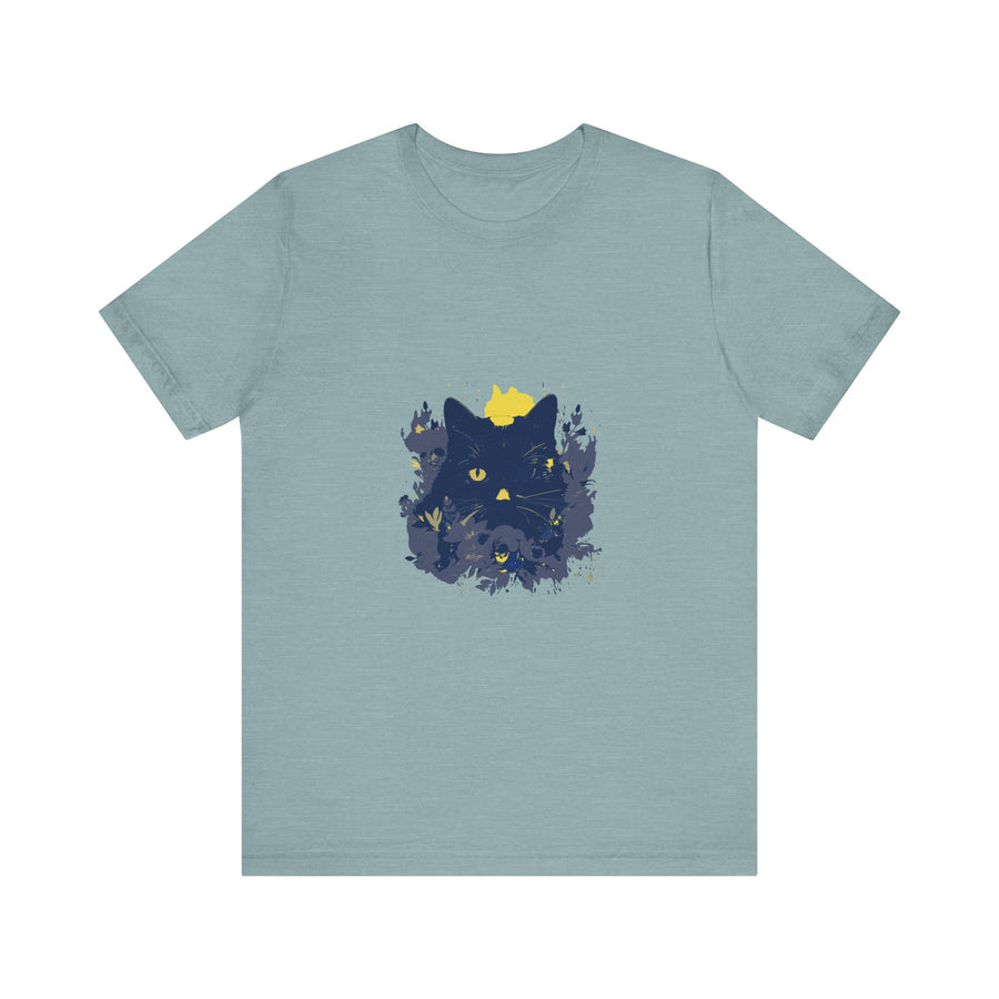 Black Cat Mystery T-Shirt featuring a whimsical floral design in black and white