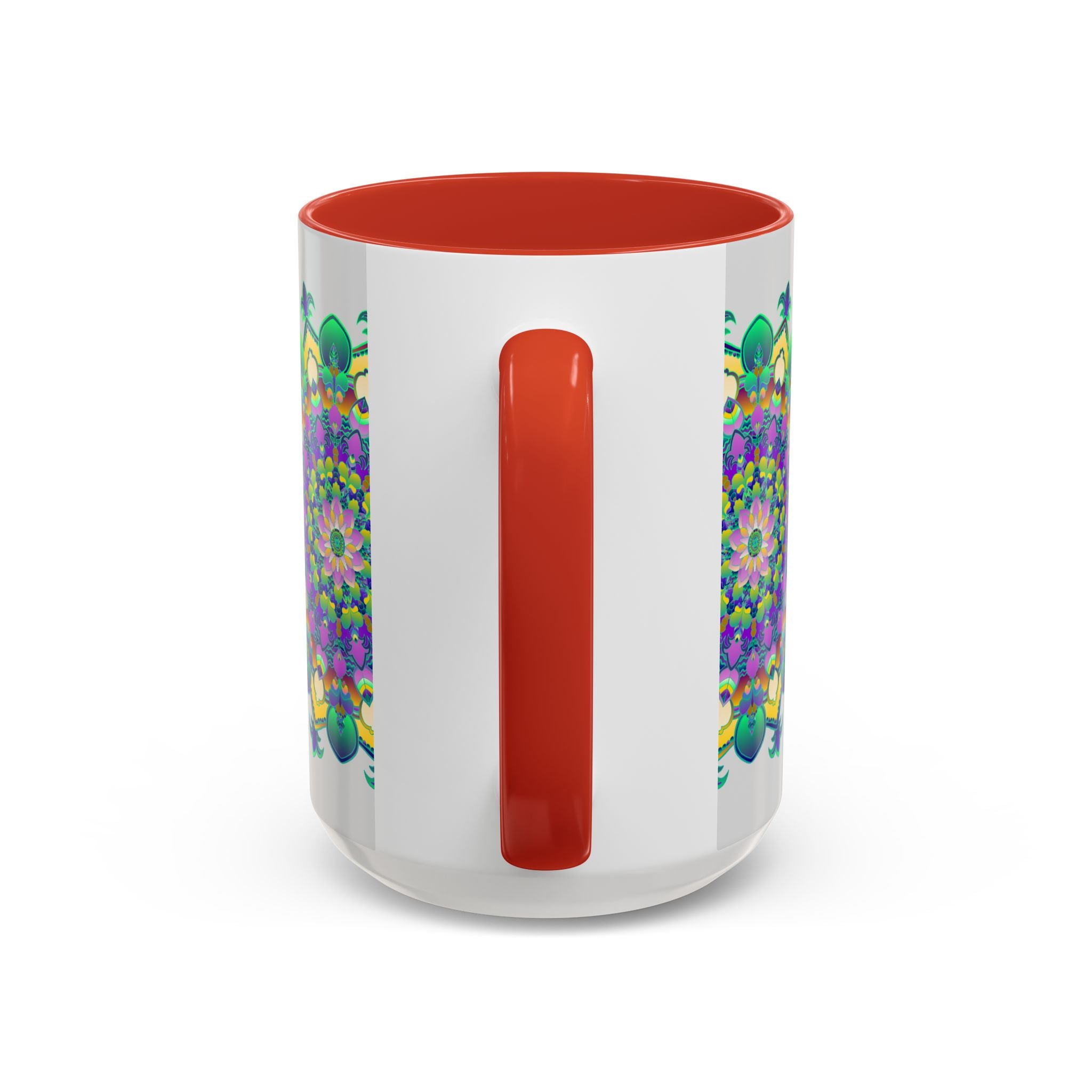 Elegant light grey coffee mug adorned with a colorful and detailed mandala