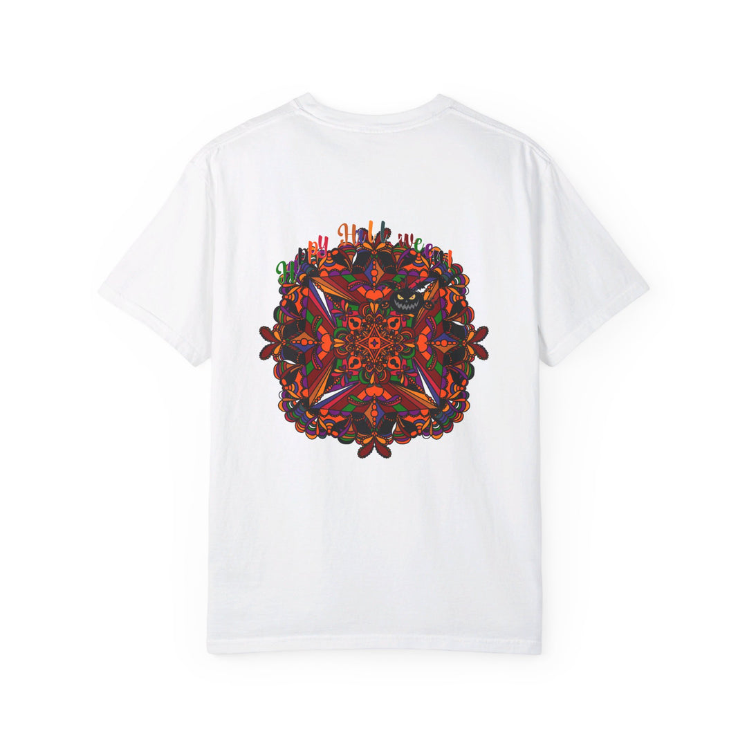 Handmade unisex Halloween mandala t-shirt featuring a pumpkin mandala design, garment-dyed for a unique look and feel