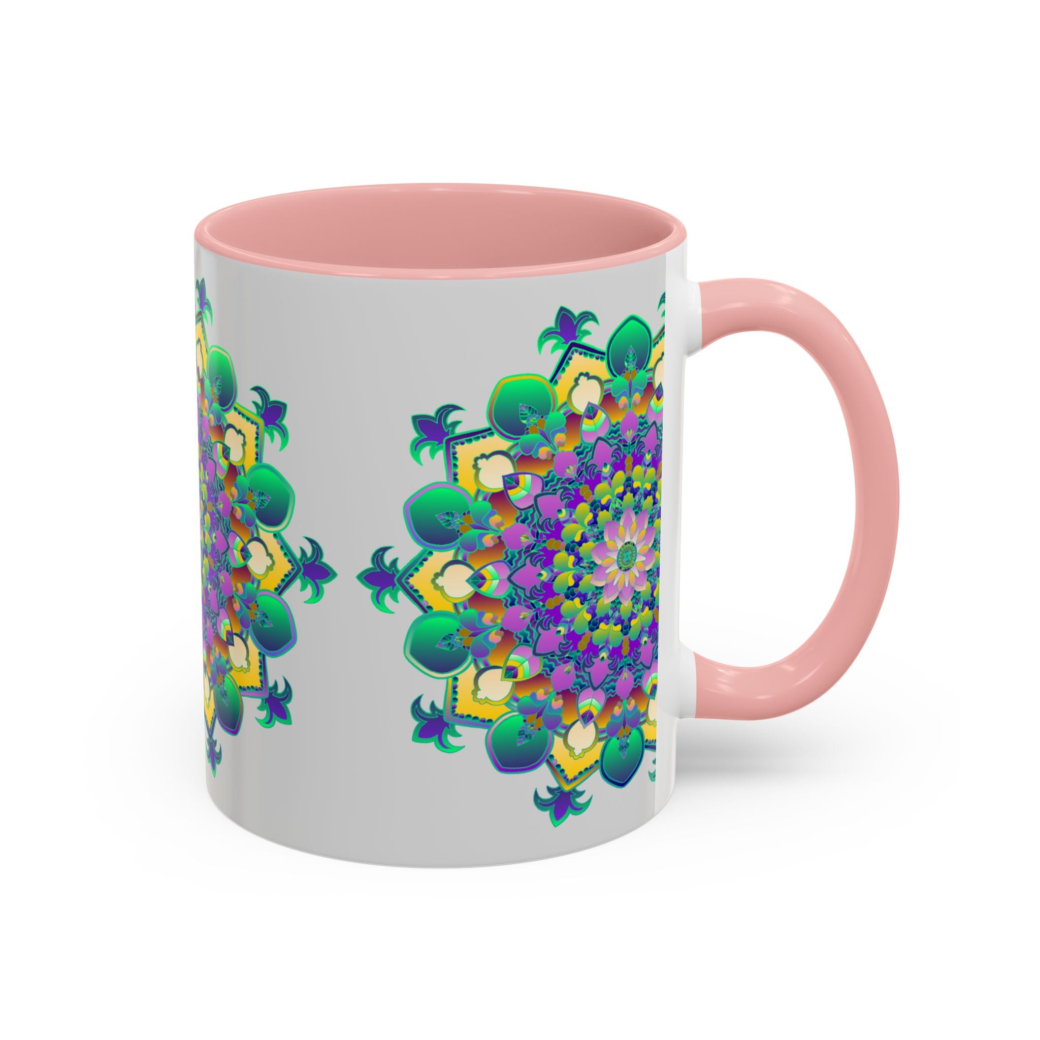 Stunning light grey mug with a vibrant and intricate mandala design